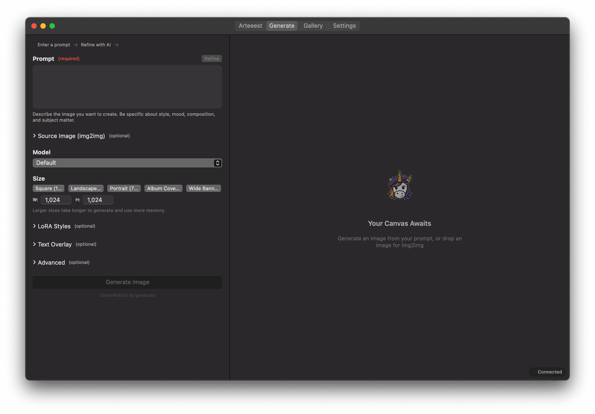 Generate view — prompt, model selection, size presets
