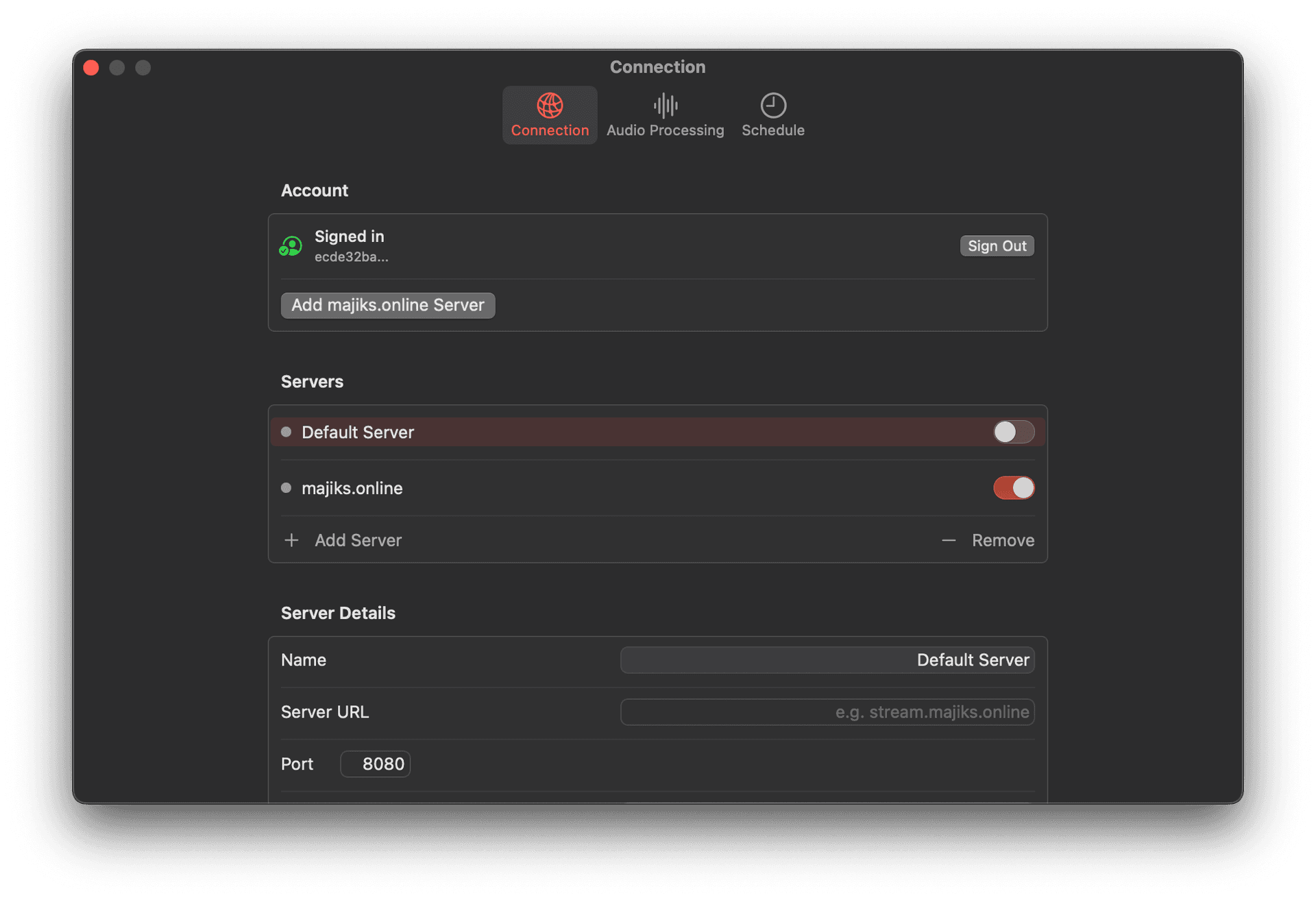 Connection settings with majiks.online server configuration