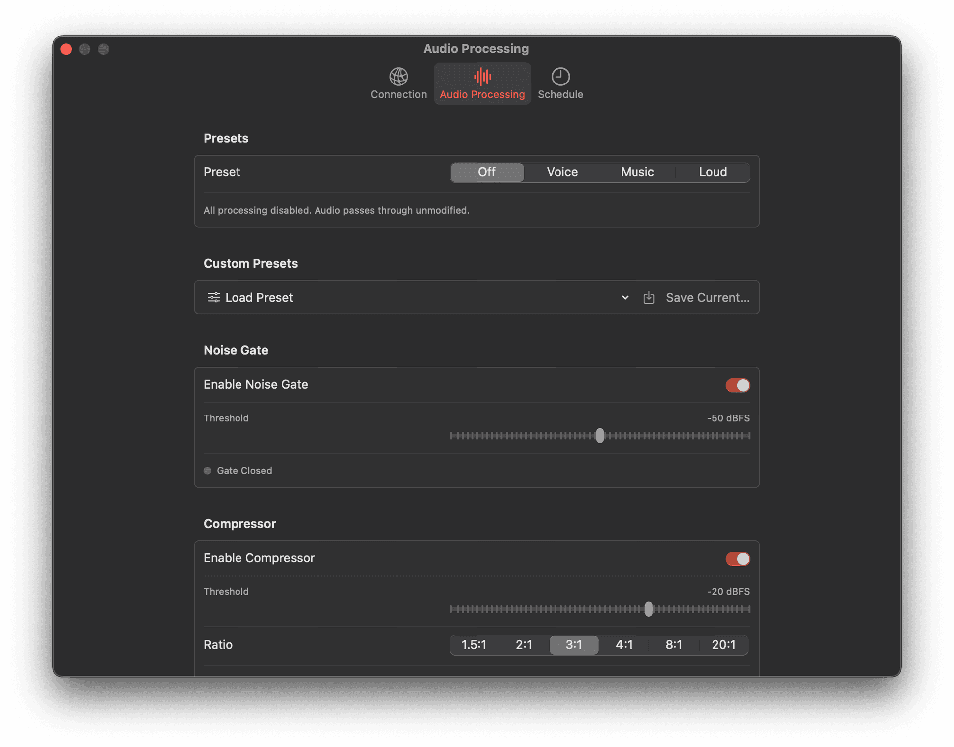 Audio processing presets, noise gate, and compressor