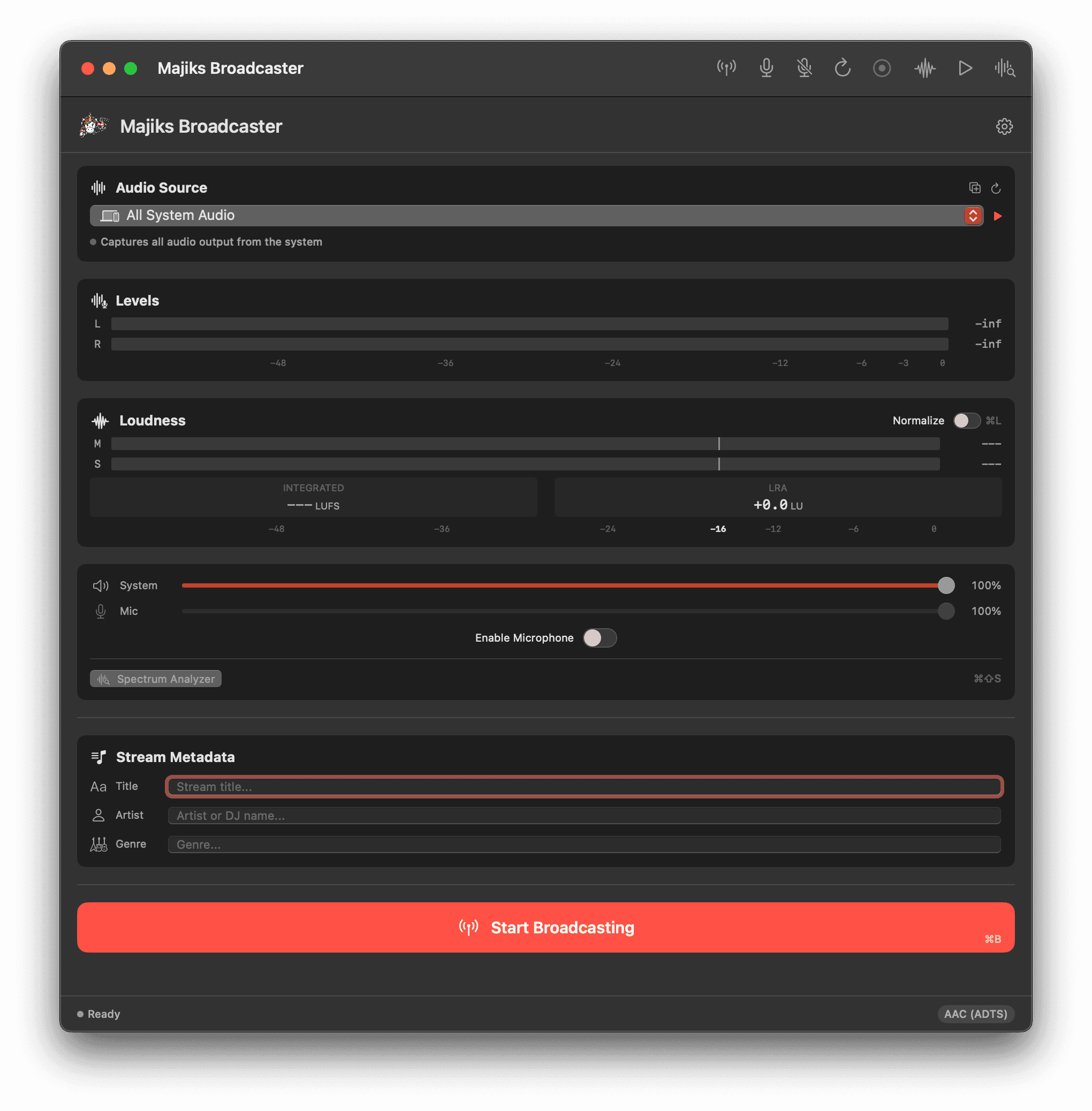Majik's Broadcaster — Main interface with levels, loudness metering, and broadcast controls