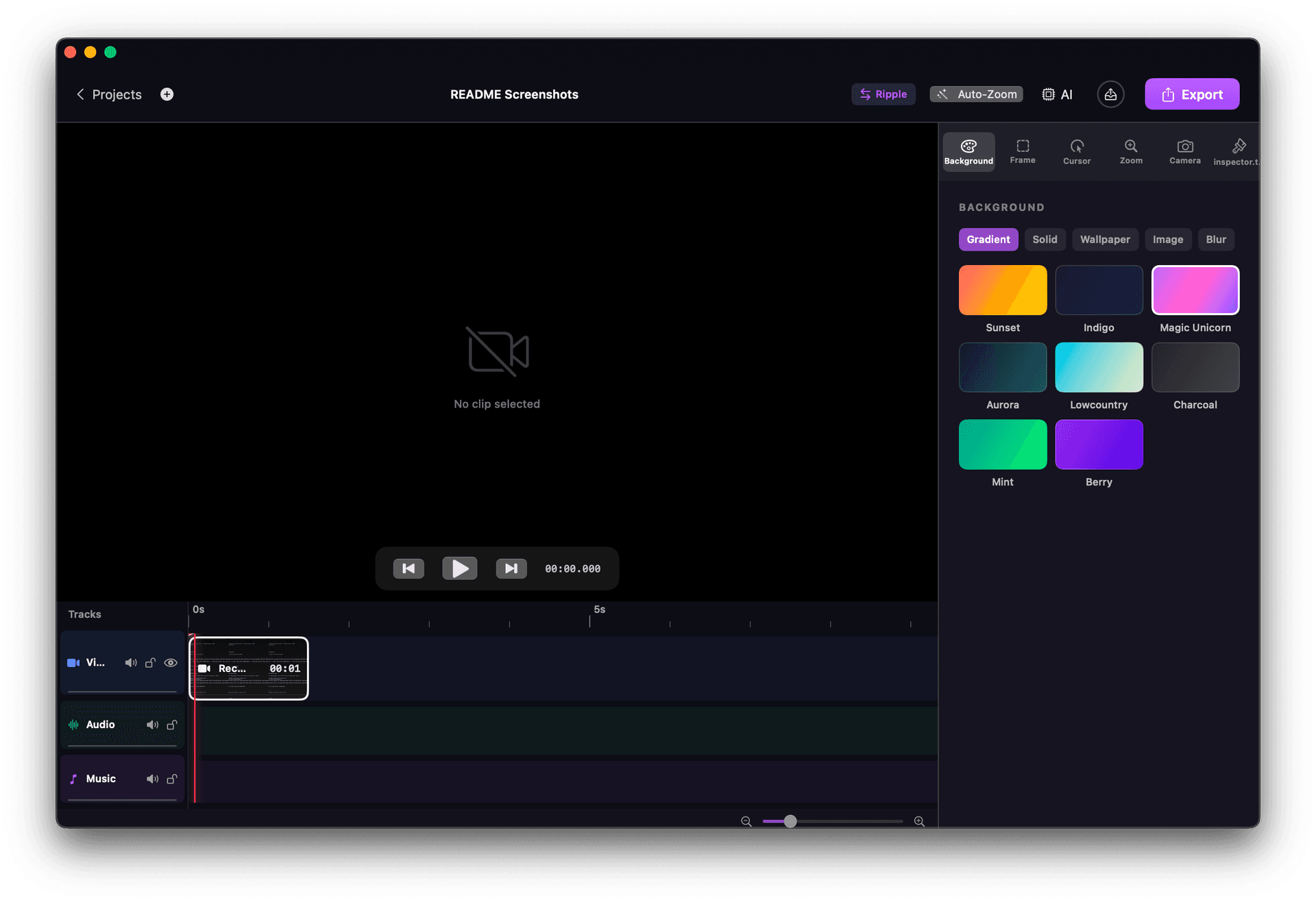 Multi-track timeline editor with gradient presets and inspector