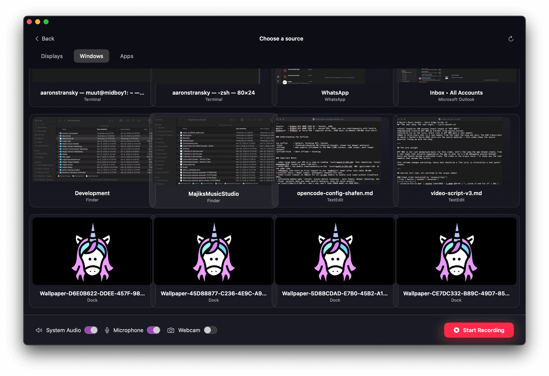 Source picker with live thumbnails of displays, windows, and apps