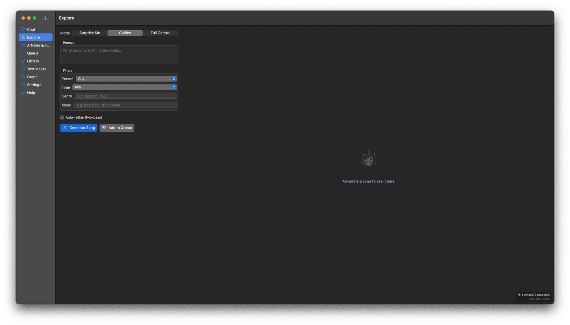 Explore tab with song parameters
