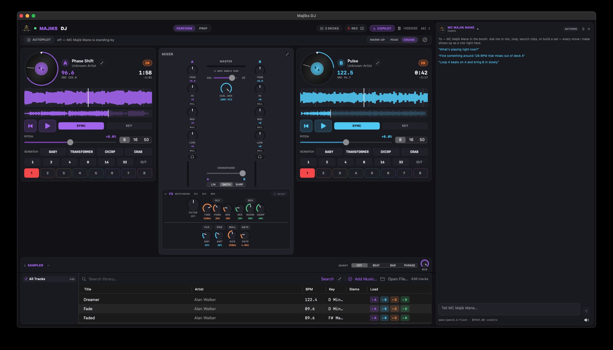 Majik's DJ — two-deck perform mixer with SYNC and FX