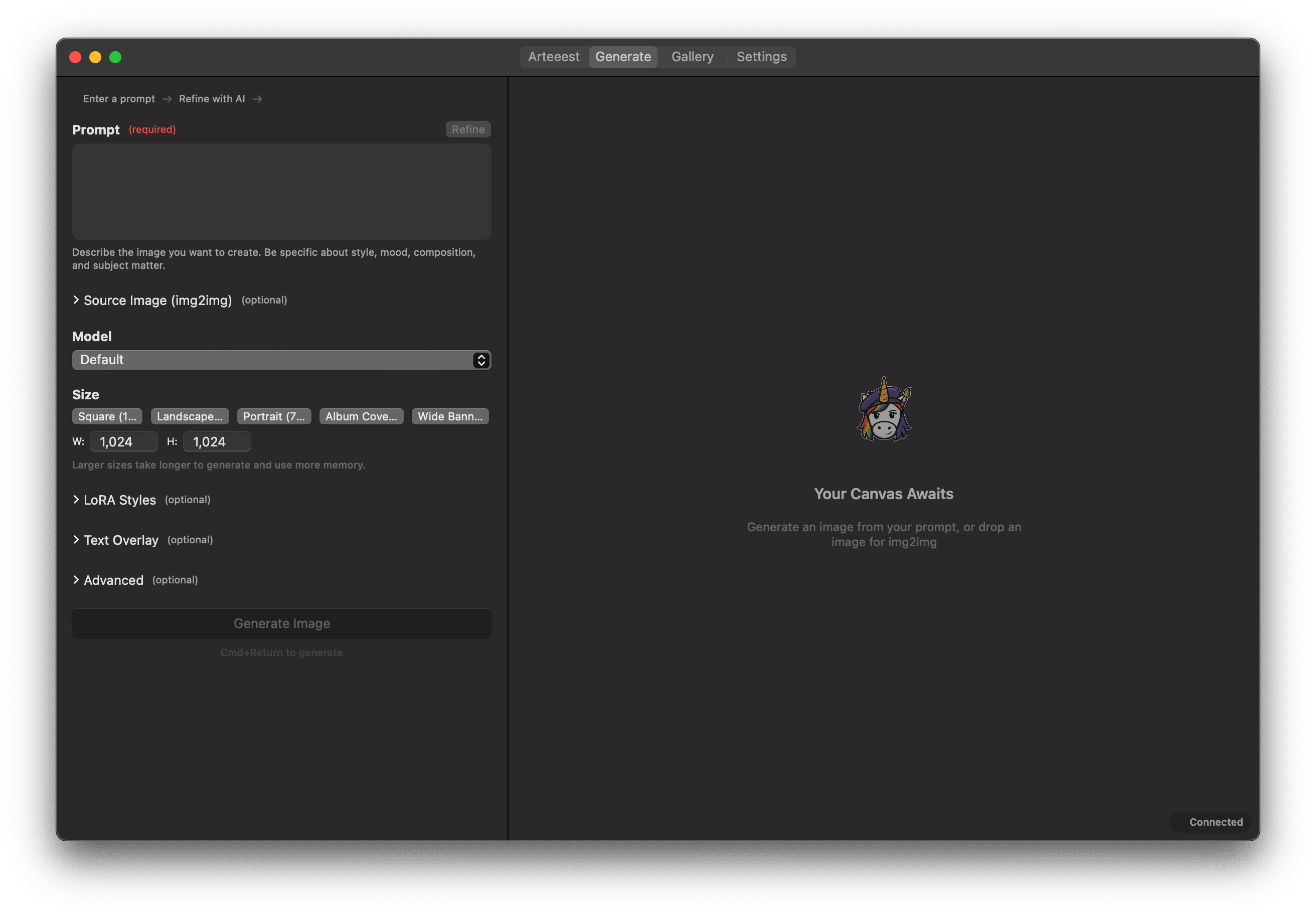 Generate view — prompt, model selection, size presets