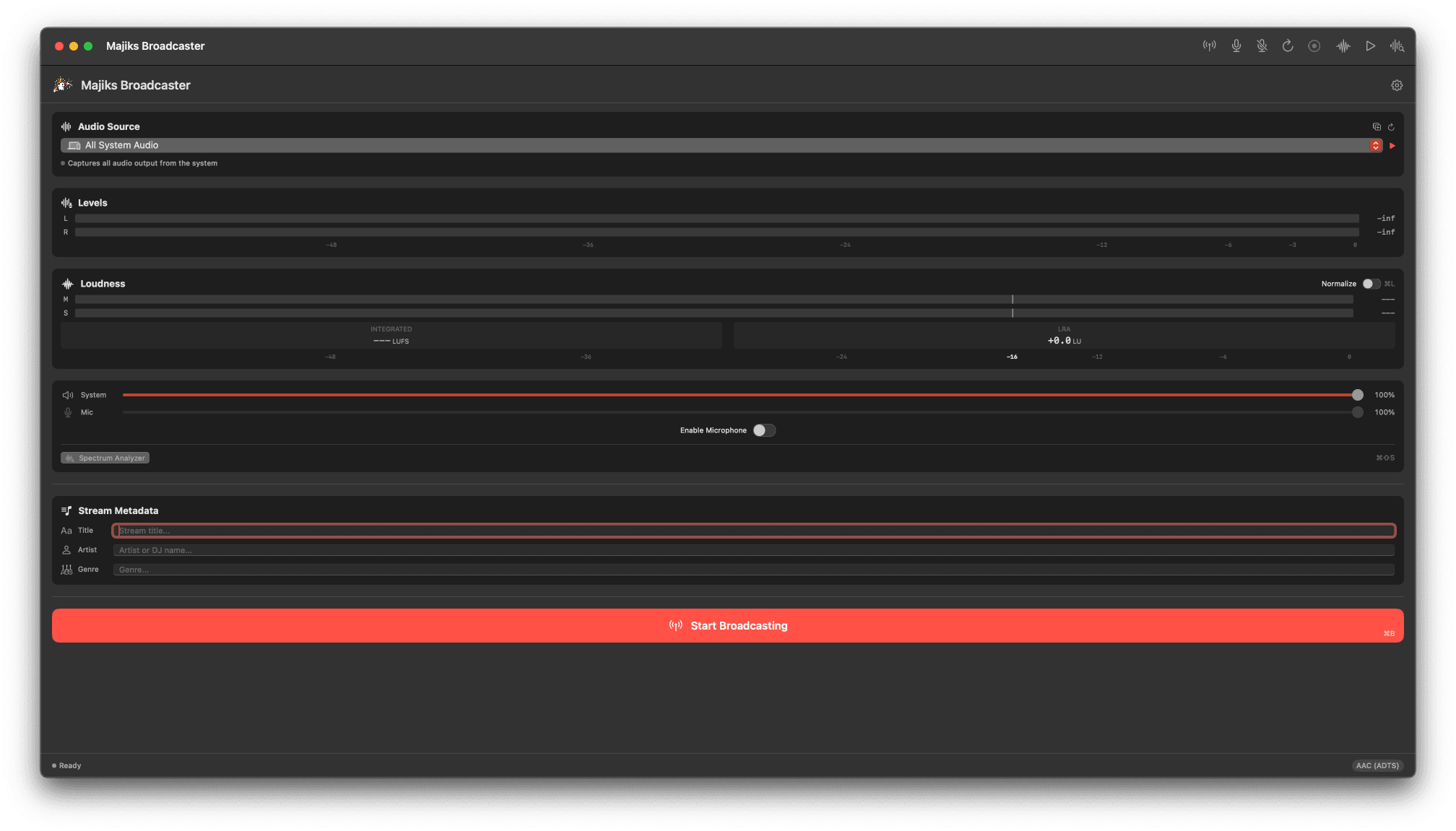 Broadcaster main interface with level meters and metadata