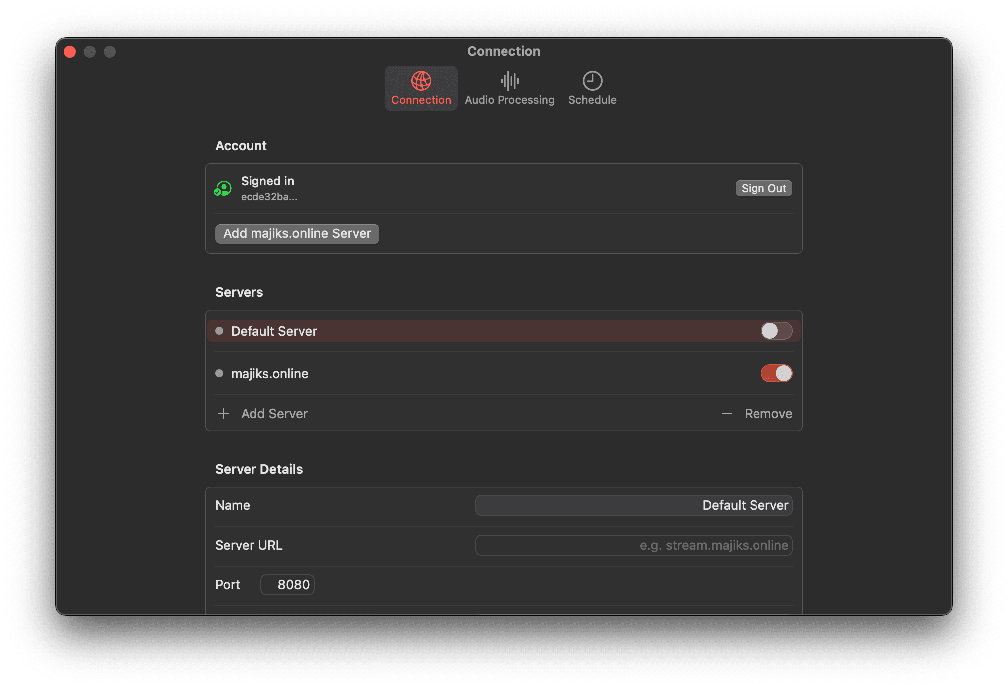Connection settings with majiks.online server configuration