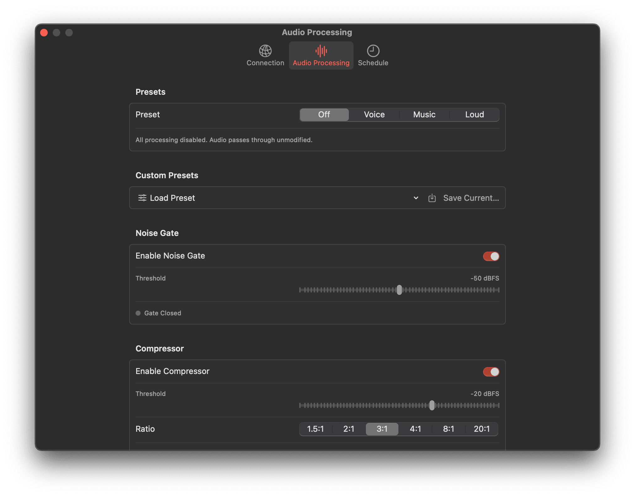 Audio processing presets, noise gate, and compressor