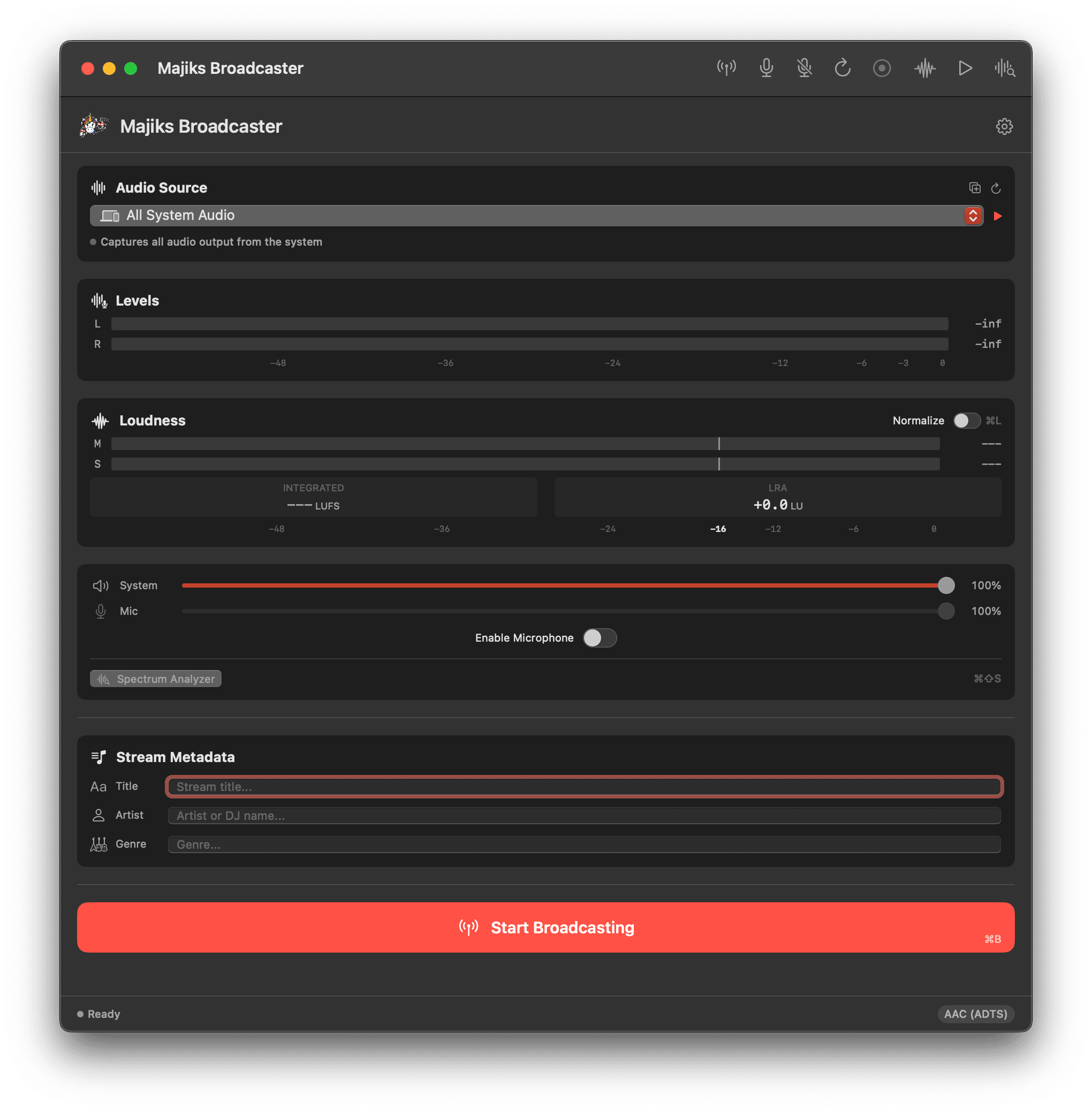 Majik's Broadcaster — Main interface with levels, loudness metering, and broadcast controls
