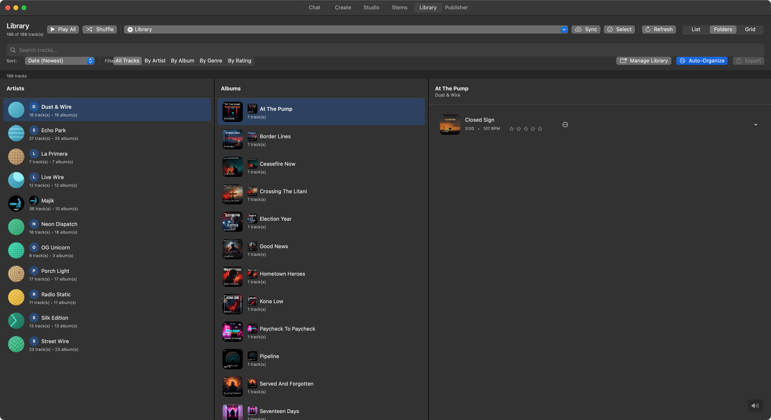 Library browser showing artists, albums and tracks with cover artwork, ratings and BPM