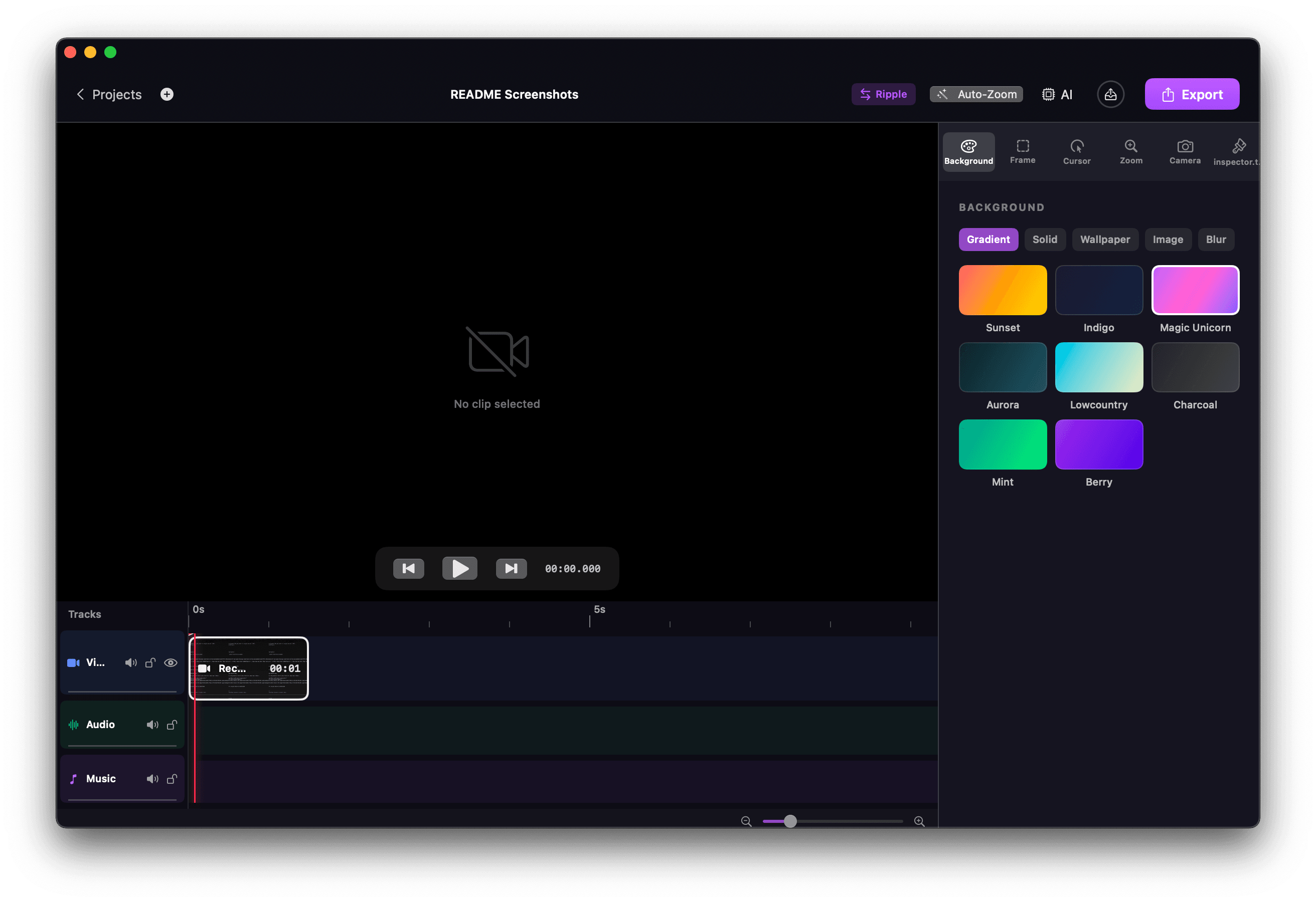 Multi-track timeline editor with gradient presets and inspector