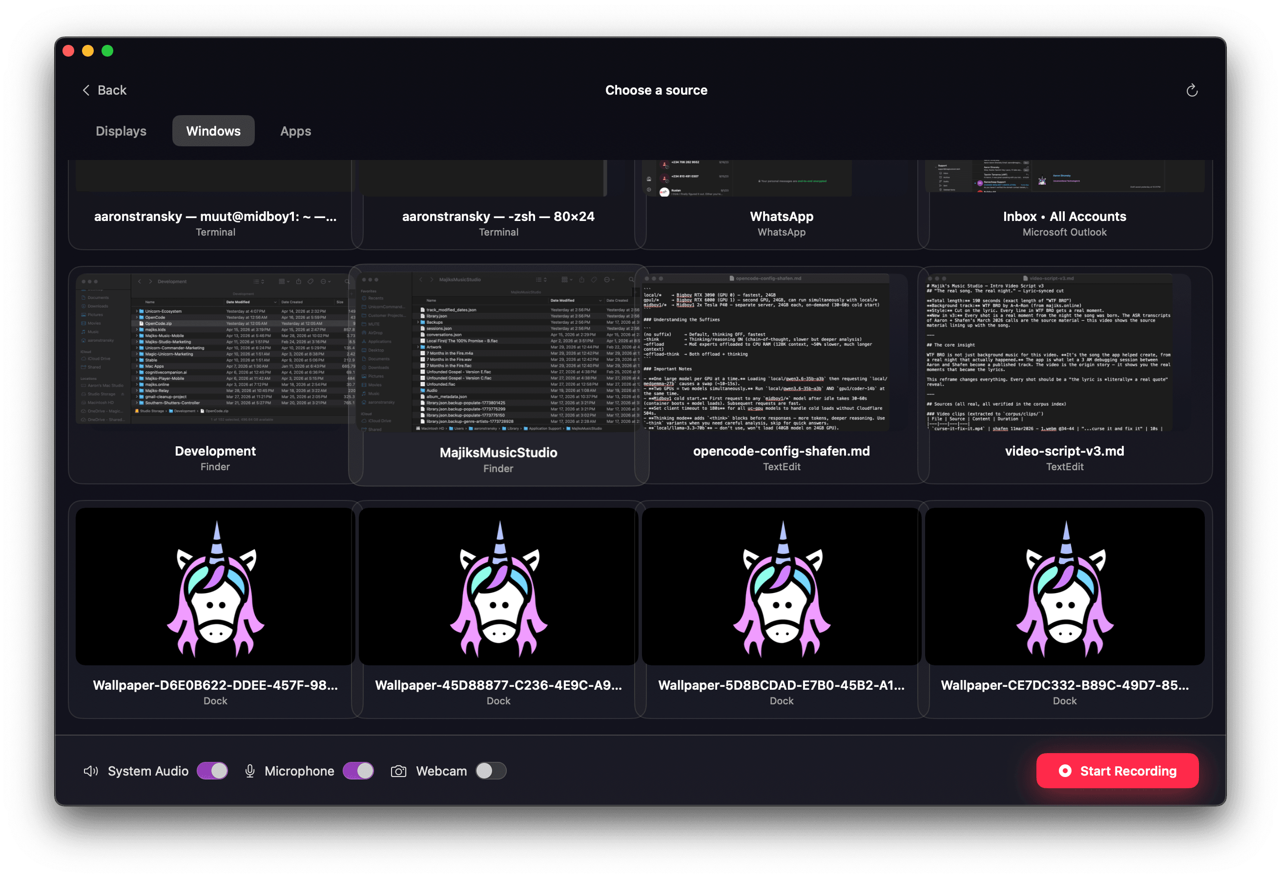 Source picker with live thumbnails of displays, windows, and apps