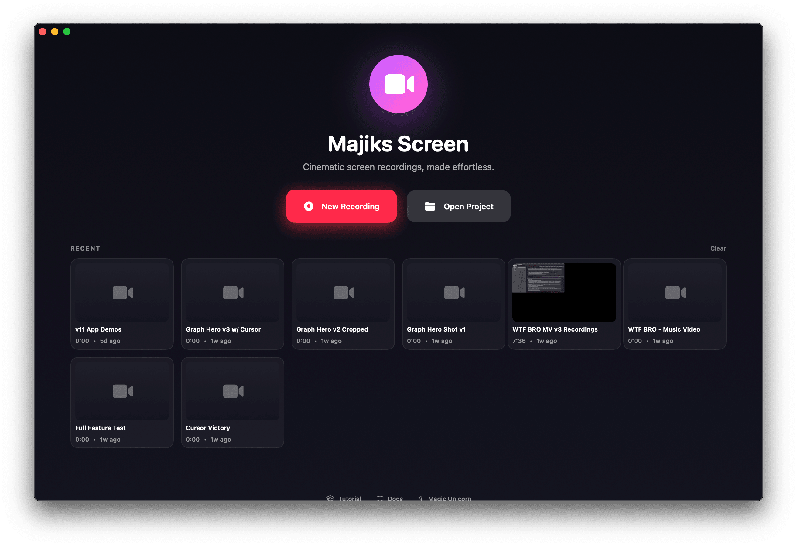 Majiks Screen — Welcome screen with recent projects