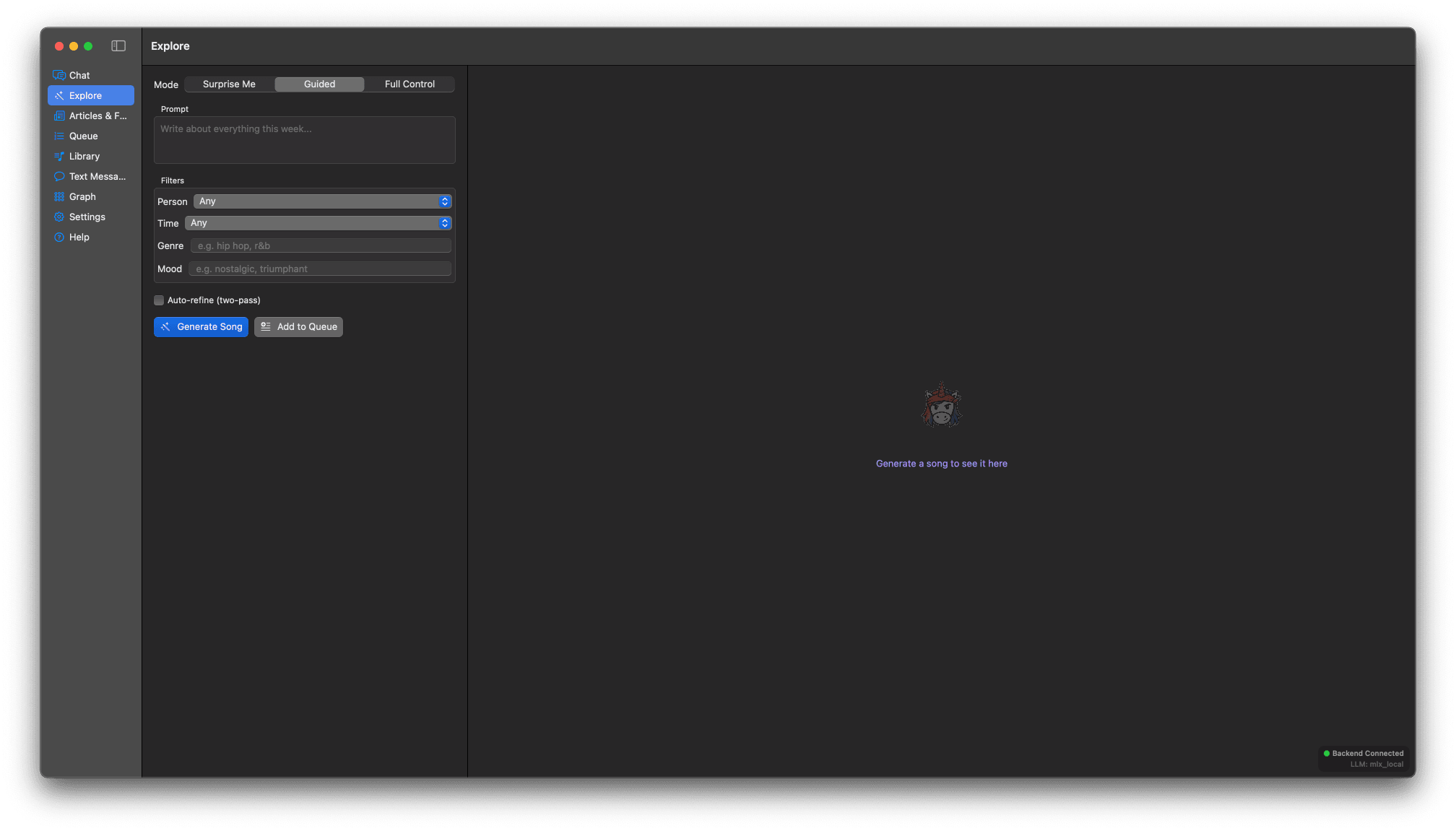 Explore tab with song parameters