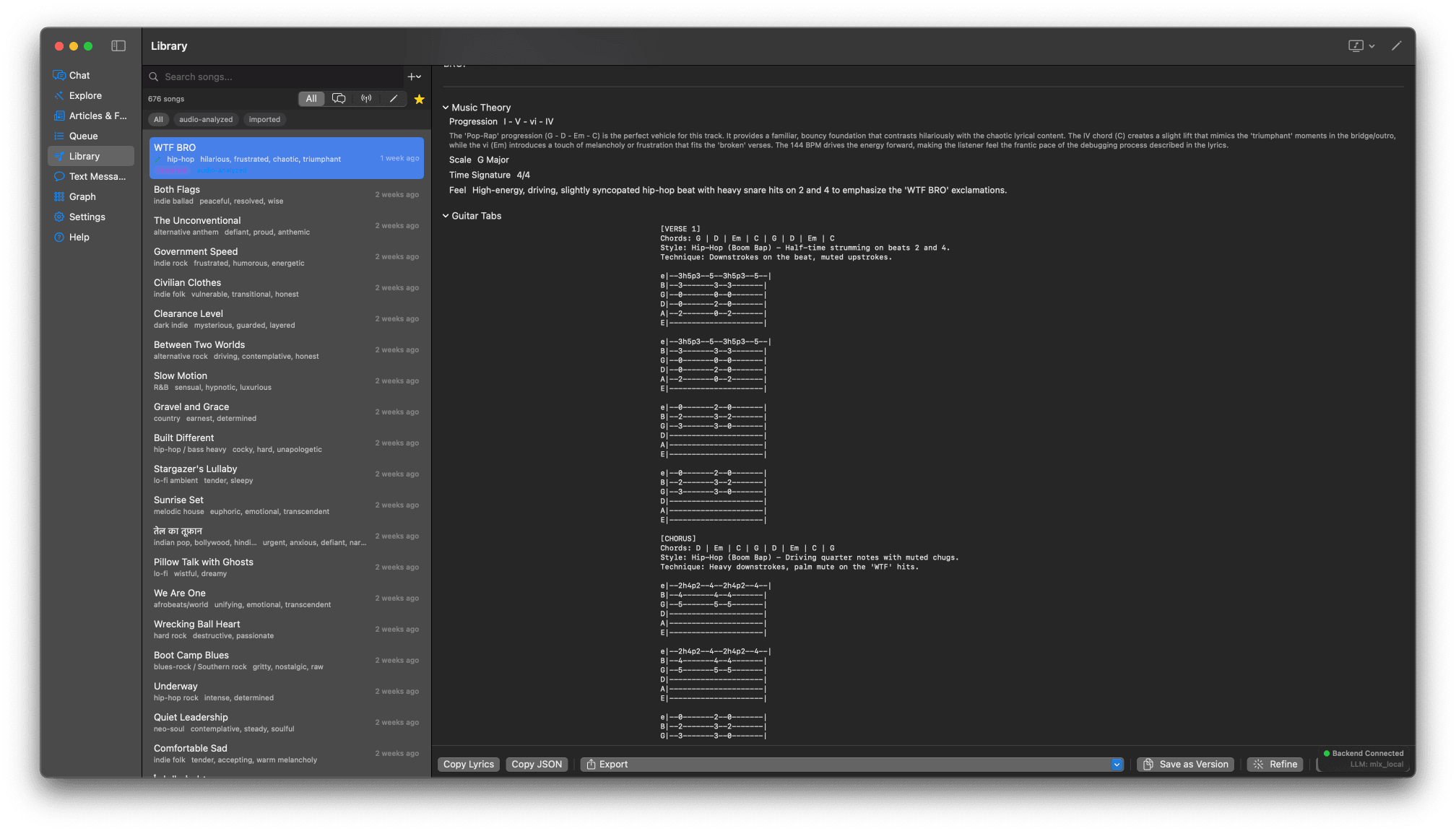 Music theory view with guitar tabs