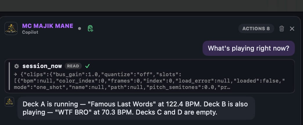 MC Majik Mane answering a question with the session_now tool call shown inline — every agent action visible