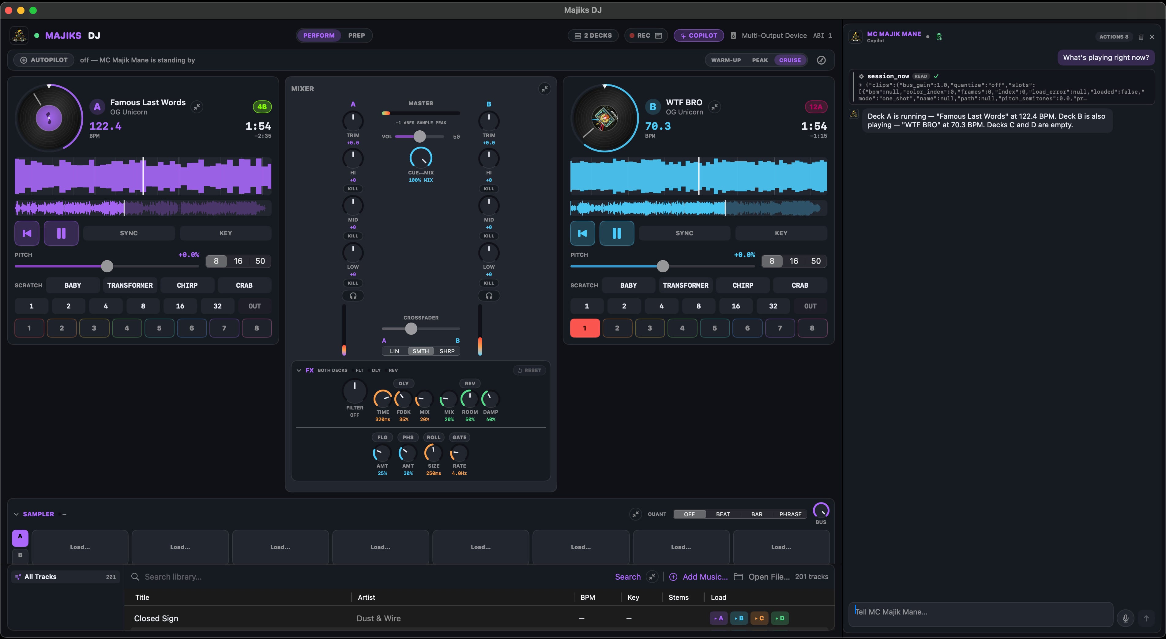 Majiks DJ Perform view: two decks with waveforms and platters, center mixer with EQ and FX, sampler, library — MC Majik Mane's panel open with a live tool call