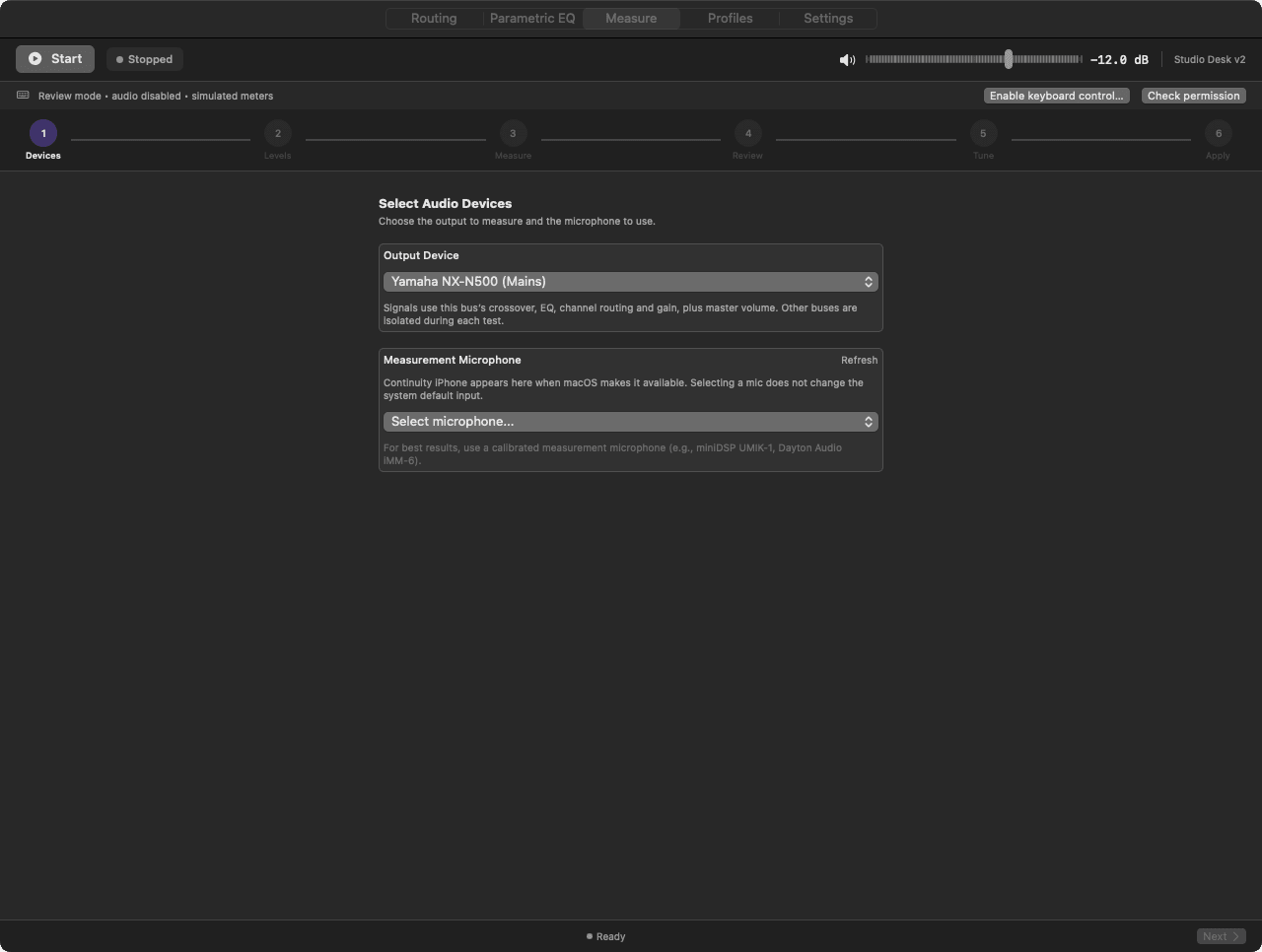 Measure tab: pick a bus and a microphone, run a finite sweep or test signal, and record the result